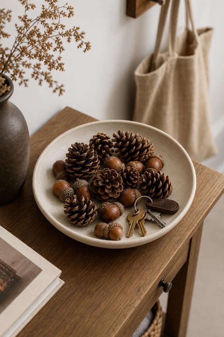 A shallow ceramic dish of acorns and pinecones by the door, free dried botanicals for fall.