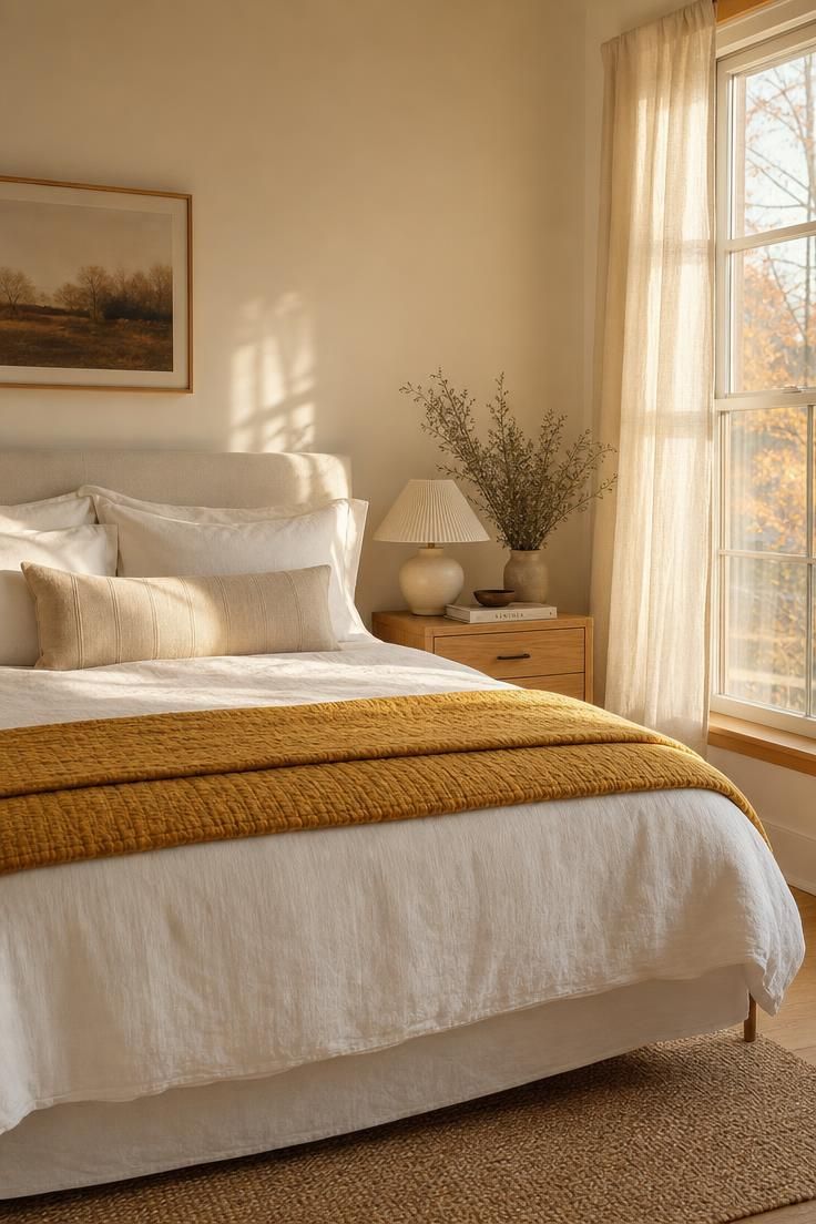 A mustard cotton quilt folded across a white bed for a warm fall bedroom refresh.