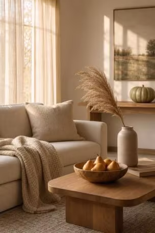 A neutral living room styled with simple fall decor, warm light, dried botanicals, and a pale pumpkin.
