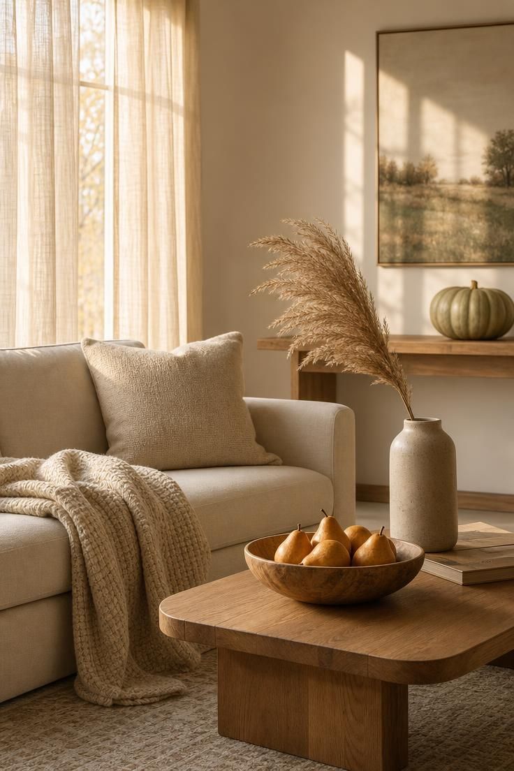 Simple Spaces 19 A neutral living room styled with simple fall decor, warm light, dried botanicals, and a pale pumpkin.