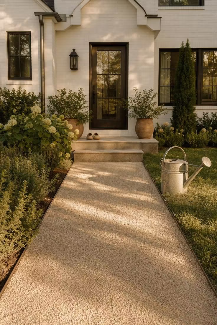 13 Simple Front Yard Landscaping Ideas For Curb Appeal 3 A pale crushed limestone front walkway with thin steel edging leading toward a white-painted brick farmhouse.