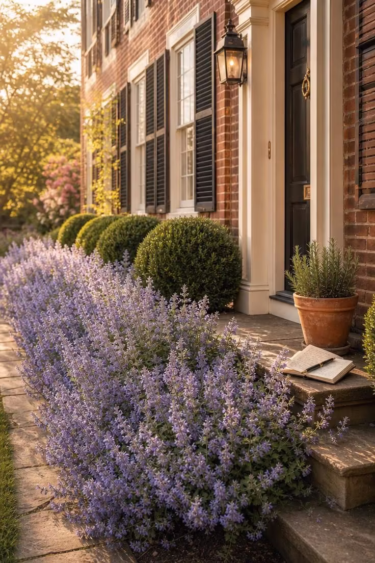 13 Simple Front Yard Landscaping Ideas For Curb Appeal 5 A foundation bed of 'Walker's Low' catmint in lavender-blue bloom in front of a red brick colonial home.