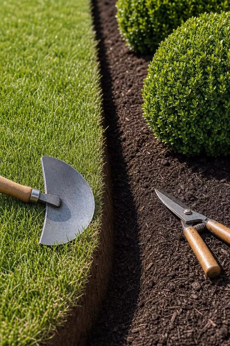 13 Simple Front Yard Landscaping Ideas For Curb Appeal 6 A close-up of a hand-cut spade edge between a fine fescue lawn and a dark mulched planting bed.