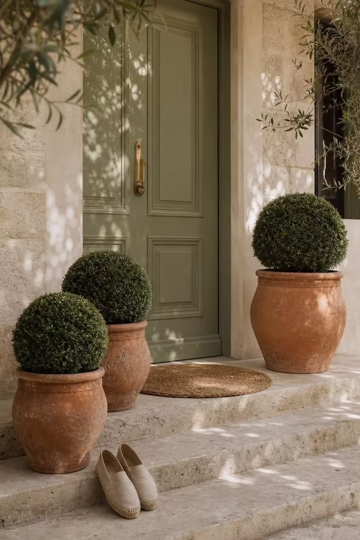 13 Simple Front Yard Landscaping Ideas For Curb Appeal 7 Three matching aged terracotta pots with myrtle topiaries flanking a sage-green front door on limestone steps.