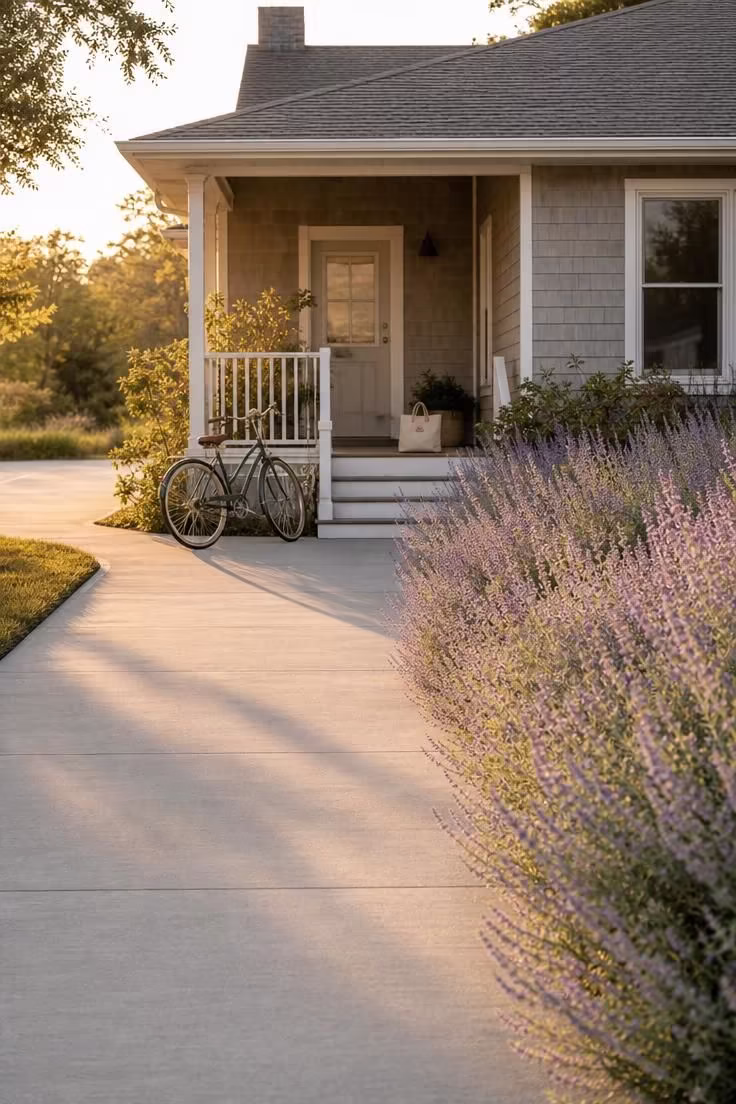 13 Simple Front Yard Landscaping Ideas For Curb Appeal 9 A continuous run of Russian sage in lavender bloom softening one edge of a poured-concrete driveway.