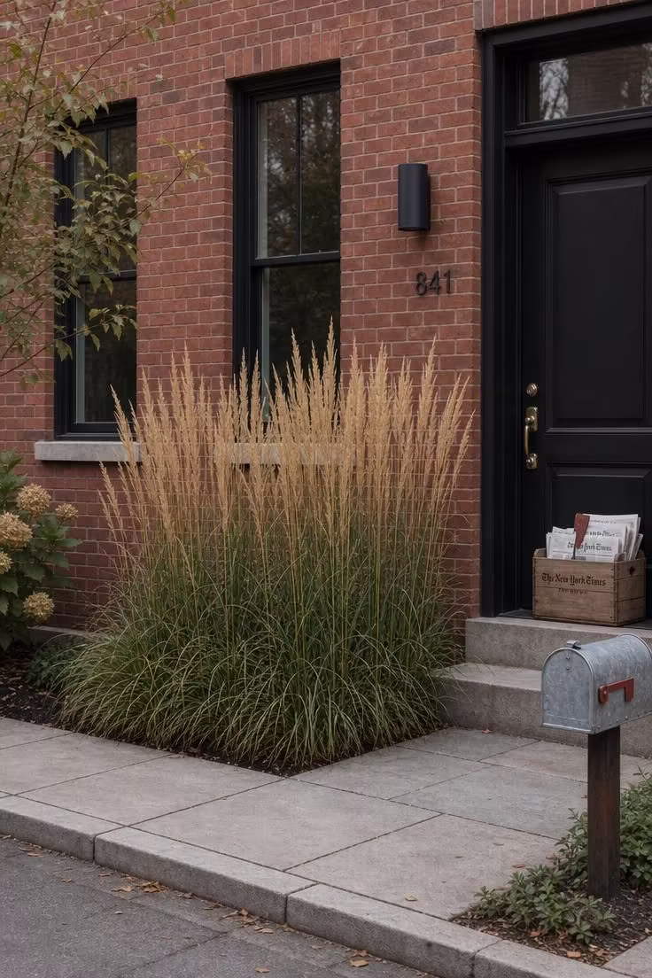 13 Simple Front Yard Landscaping Ideas For Curb Appeal 10 A tight rectangular block of 'Karl Foerster' feather reed grass set against the front wall of a red brick townhouse.
