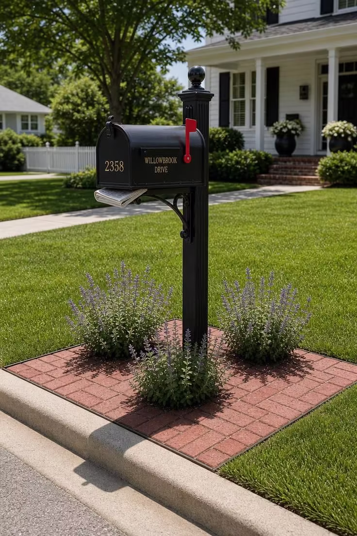 13 Simple Front Yard Landscaping Ideas For Curb Appeal 12 A small running-bond brick paver landing pad around a curbside mailbox post with dwarf catmint planted at the base.