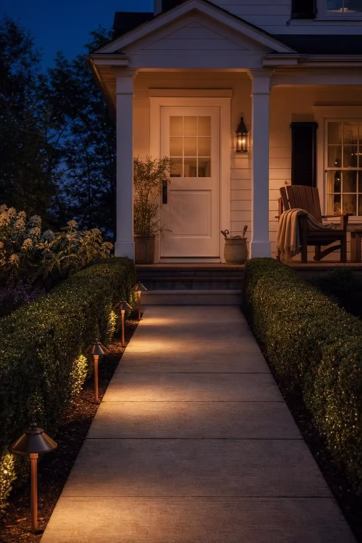 13 Simple Front Yard Landscaping Ideas For Curb Appeal 13 A straight concrete front walkway lined with warm amber copper path lights at twilight, with low boxwood hedges on either side.
