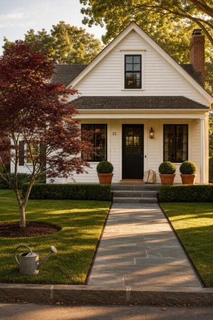 13 Simple Front Yard Landscaping Ideas For Curb Appeal A welcoming small American home with soft white clapboard siding, a single 'Bloodgood' Japanese maple, clipped boxwood foundation hedge, bluestone front walkway with hairline steel edging, and three terracotta pots flanking the front steps in warm golden afternoon light.