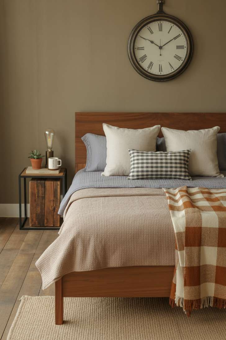 A modern farmhouse guest bedroom with a walnut live-edge headboard, grey chambray sheets, buffalo check lumbar pillow, and Edison bulb lamp