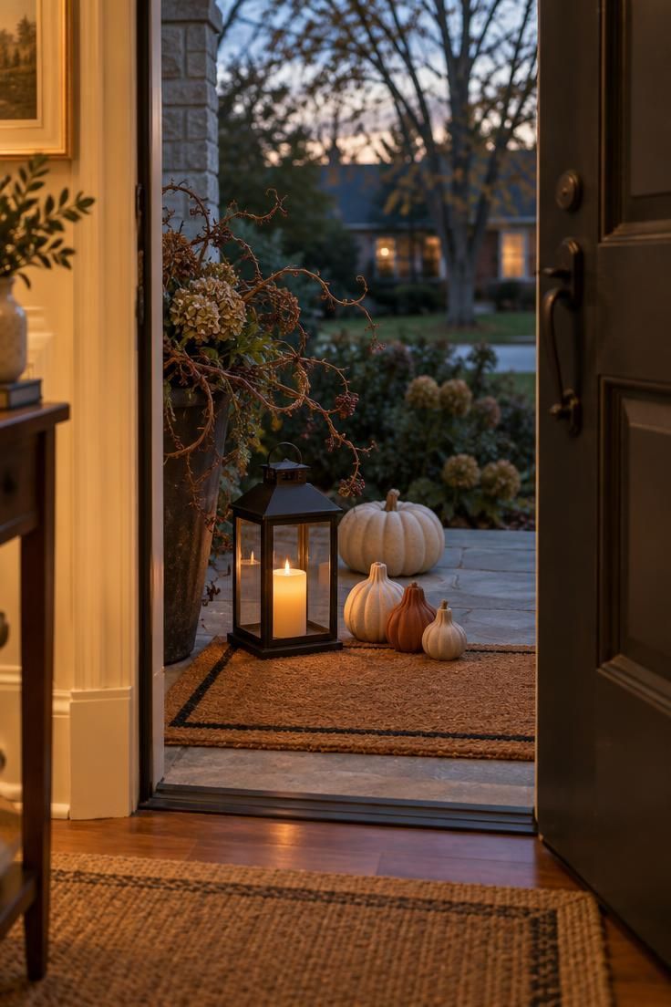 11 Cozy Simple Halloween Decor Ideas for a Warm Welcome 1 A matte black lantern with a warm battery candle beside three small ceramic gourds and a pale pumpkin on a stone doorstep at dusk.