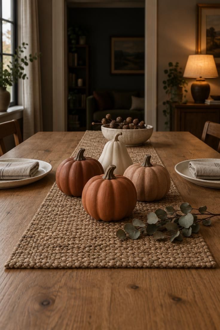 11 Cozy Simple Halloween Decor Ideas for a Warm Welcome 2 Three terracotta pumpkins in warm clay tones arranged along a seagrass runner on a wood dining table with a bone ceramic gourd behind them.