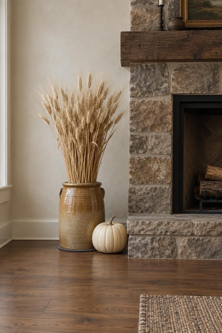 11 Cozy Simple Halloween Decor Ideas for a Warm Welcome 3 A stoneware crock on the floor beside a fireplace holding tall dried barley stalks with a low cream pumpkin at its base.