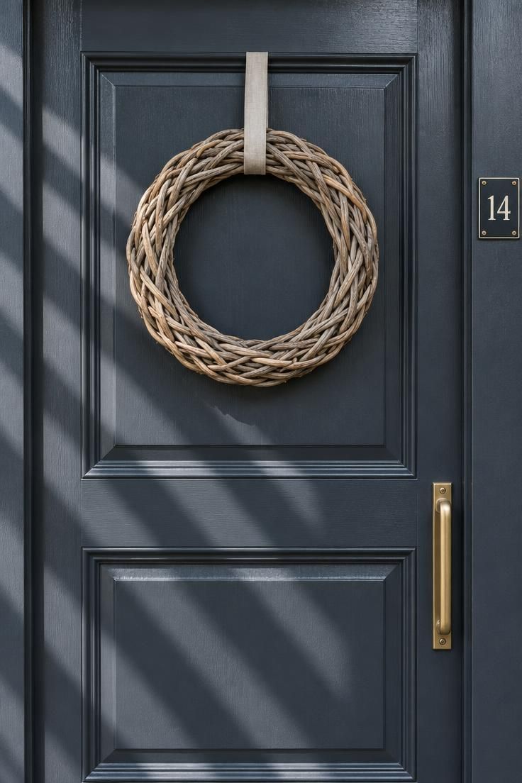 11 Cozy Simple Halloween Decor Ideas for a Warm Welcome 4 A round braided willow wreath in natural tan-grey hanging by a linen loop on a deep charcoal paneled front door at midday.