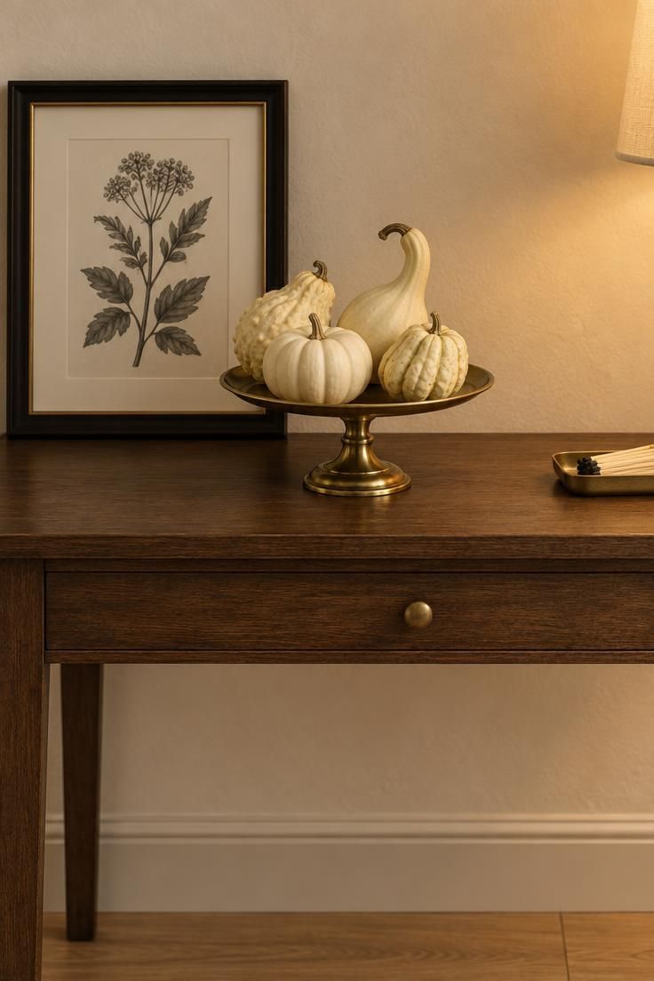 11 Cozy Simple Halloween Decor Ideas for a Warm Welcome 5 Miniature white and ivory gourds of varied shapes on a slim brass footed stand on an entry table beside a leaning framed print.