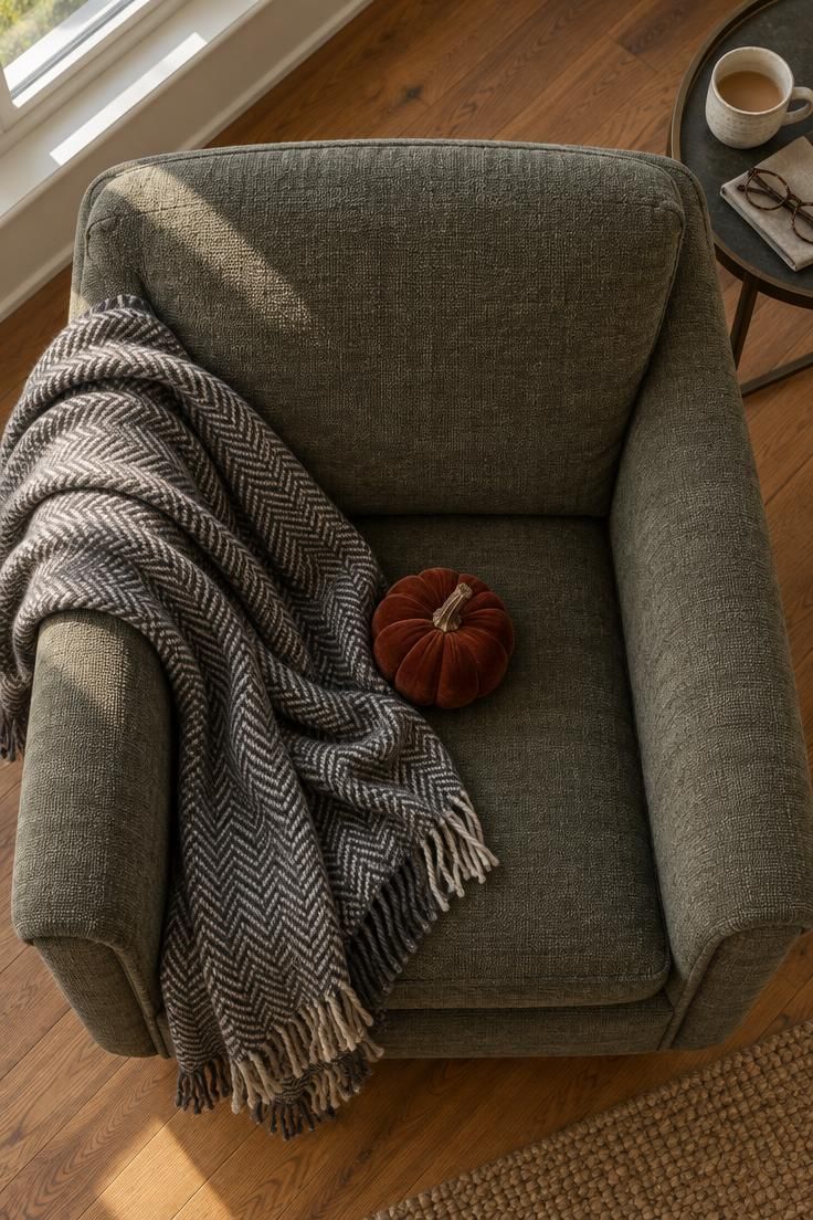 11 Cozy Simple Halloween Decor Ideas for a Warm Welcome 6 A charcoal and oat herringbone wool throw draped over a reading chair arm with a small rust velvet pumpkin on the seat.