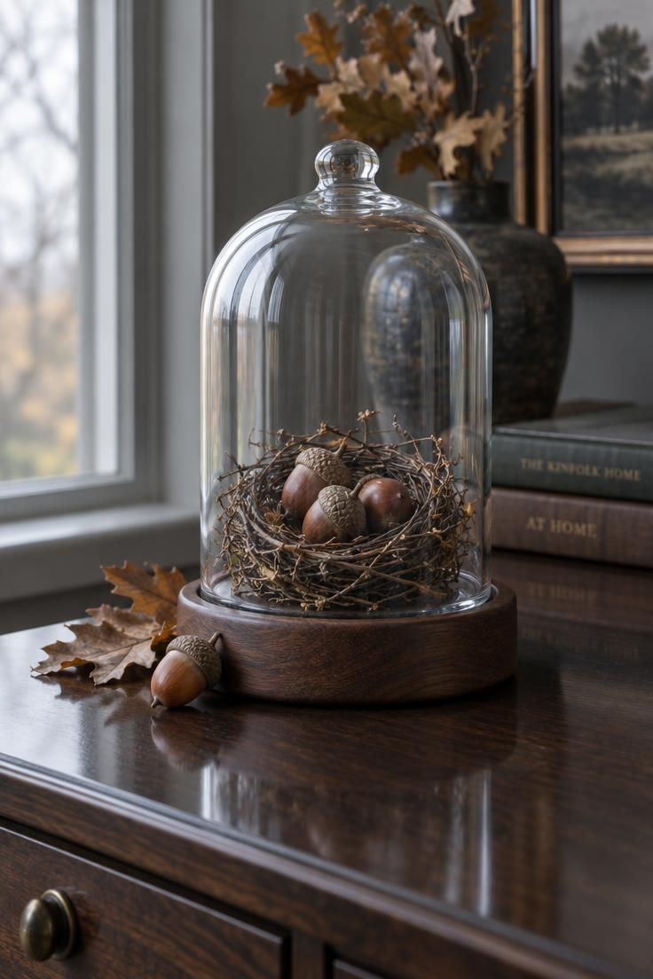 11 Cozy Simple Halloween Decor Ideas for a Warm Welcome 7 A clear glass cloche on a dark wood base holding a twig nest with three acorns, one acorn resting outside against the base.