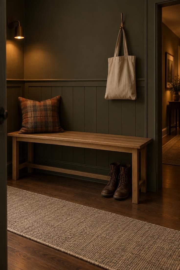 11 Cozy Simple Halloween Decor Ideas for a Warm Welcome 8 A single wool plaid pillow in muted orange and brown on one end of a wood entry bench with leather boots beneath the other end.