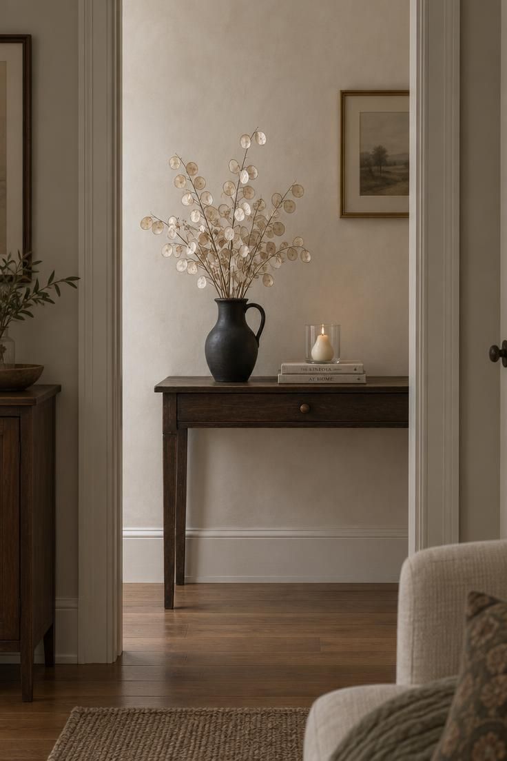 11 Cozy Simple Halloween Decor Ideas for a Warm Welcome 9 Dried lunaria sprigs with translucent silver seed pods in a matte black pitcher on a hall table beside a pale pear candle.