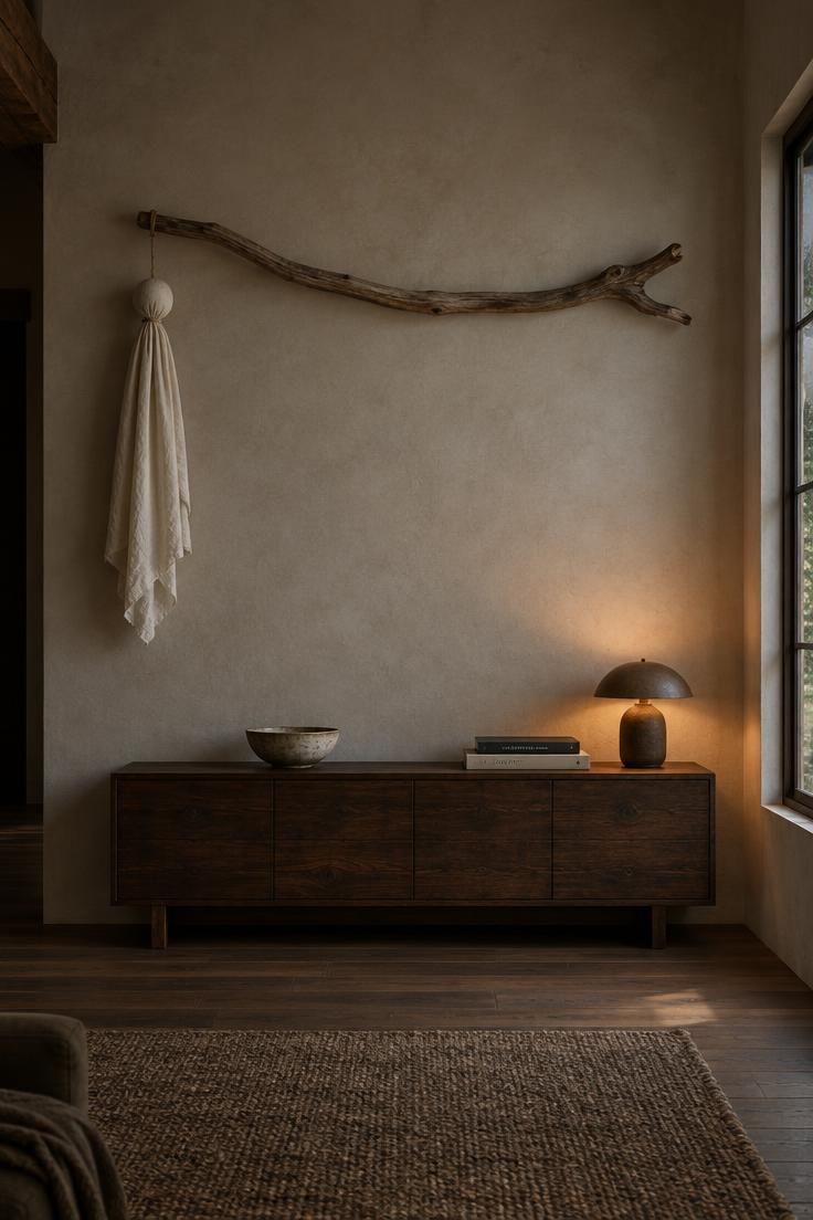 11 Cozy Simple Halloween Decor Ideas for a Warm Welcome 10 A single pale linen ghost hanging from one end of a driftwood branch mounted above a low console on a pale wall.