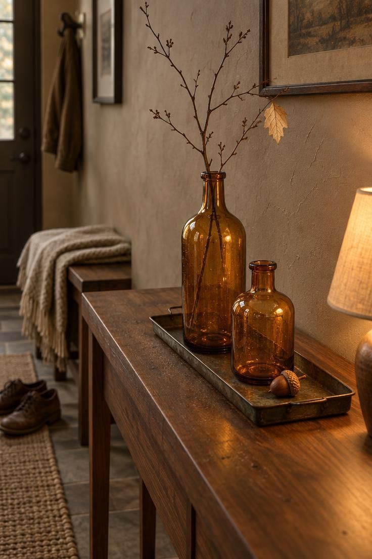 11 Cozy Simple Halloween Decor Ideas for a Warm Welcome 11 Two amber glass bottles of different heights stand on a narrow console, the taller one holding bare slender branches, with one acorn beside them under soft warm entry lighting.