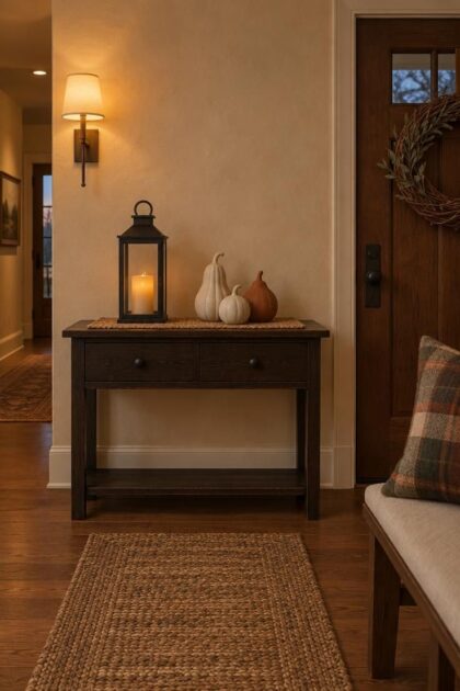 11 Cozy Simple Halloween Decor Ideas for a Warm Welcome A cozy entry hall with a black lantern, small ceramic gourds on a woven runner, a willow wreath on the door, and a plaid pillow on a bench.