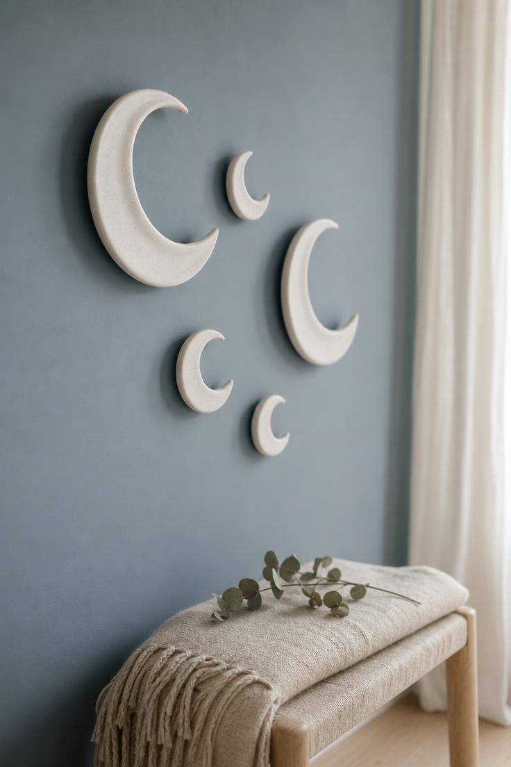 11 Gorgeous Simple Wall Decor Ideas for a Cozy Space 1 Matte white ceramic crescent moon sculptures arranged in a cluster on a dusty blue living room wall with soft diffused light casting gentle shadows.