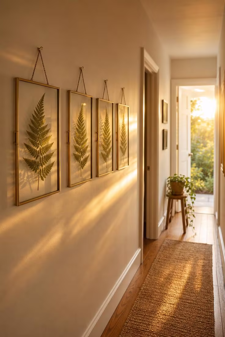 11 Gorgeous Simple Wall Decor Ideas for a Cozy Space 2 Four thin brass frames holding pressed fern leaves hung in a row along a cream hallway wall with warm golden afternoon light streaming from the far end.