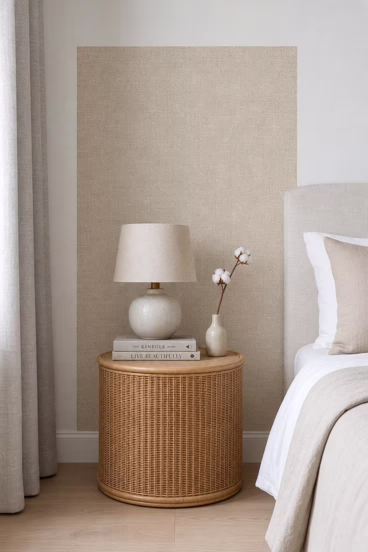 11 Gorgeous Simple Wall Decor Ideas for a Cozy Space 3 A vertical panel of oatmeal linen-textured peel and stick wallpaper behind a round rattan bedside table with a ceramic lamp and dried cotton stem.