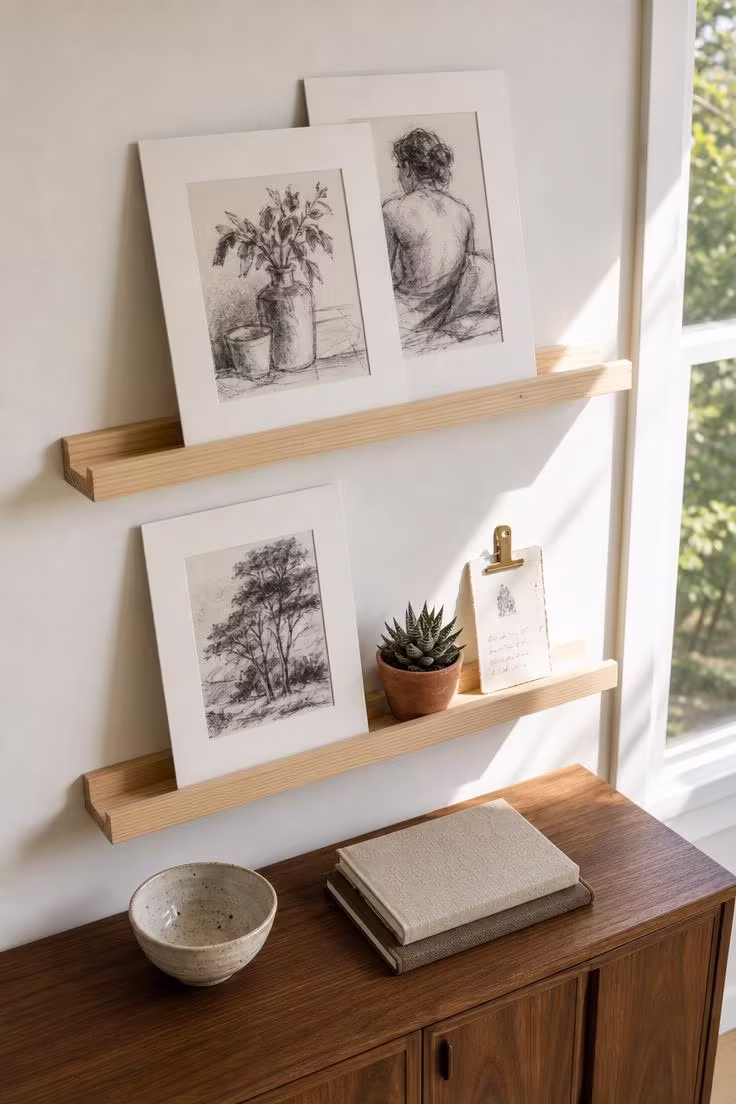 11 Gorgeous Simple Wall Decor Ideas for a Cozy Space 4 Two raw pine picture ledges on a warm white wall holding leaning charcoal sketches, a small succulent in a terra cotta pot, and a brass clip with handmade paper in bright midday light.