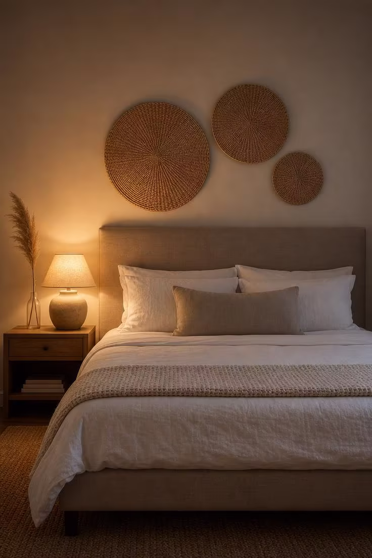 11 Gorgeous Simple Wall Decor Ideas for a Cozy Space 5 Three woven seagrass fans in graduating sizes arranged diagonally above a linen headboard in a moody bedroom with warm amber lamplight.