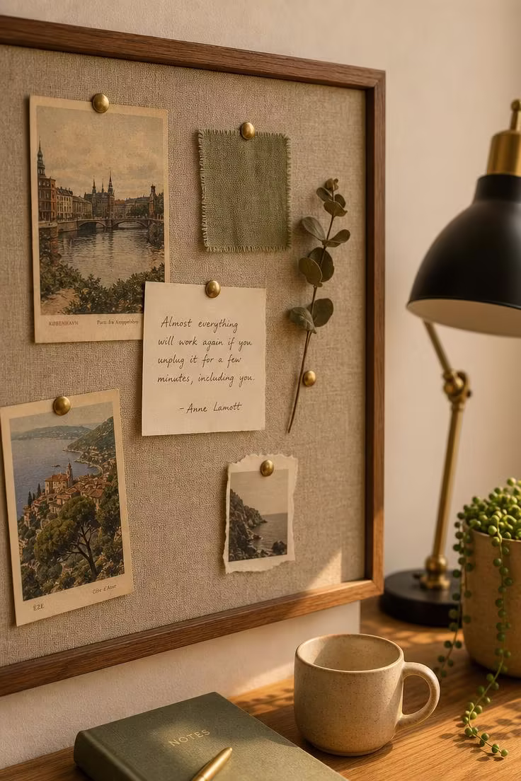 11 Gorgeous Simple Wall Decor Ideas for a Cozy Space 6 A linen-covered pinboard in a slim walnut frame displaying postcards, a dried eucalyptus sprig, and handwritten notes beside a brass desk lamp in warm afternoon light.