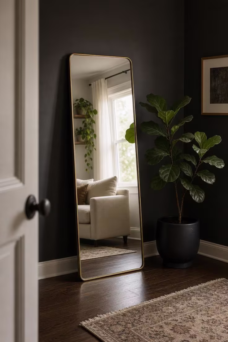 11 Gorgeous Simple Wall Decor Ideas for a Cozy Space 7 A tall antiqued brass-framed mirror leaning against a dark charcoal wall reflecting window light, beside a fiddle leaf fig in a black ceramic planter.