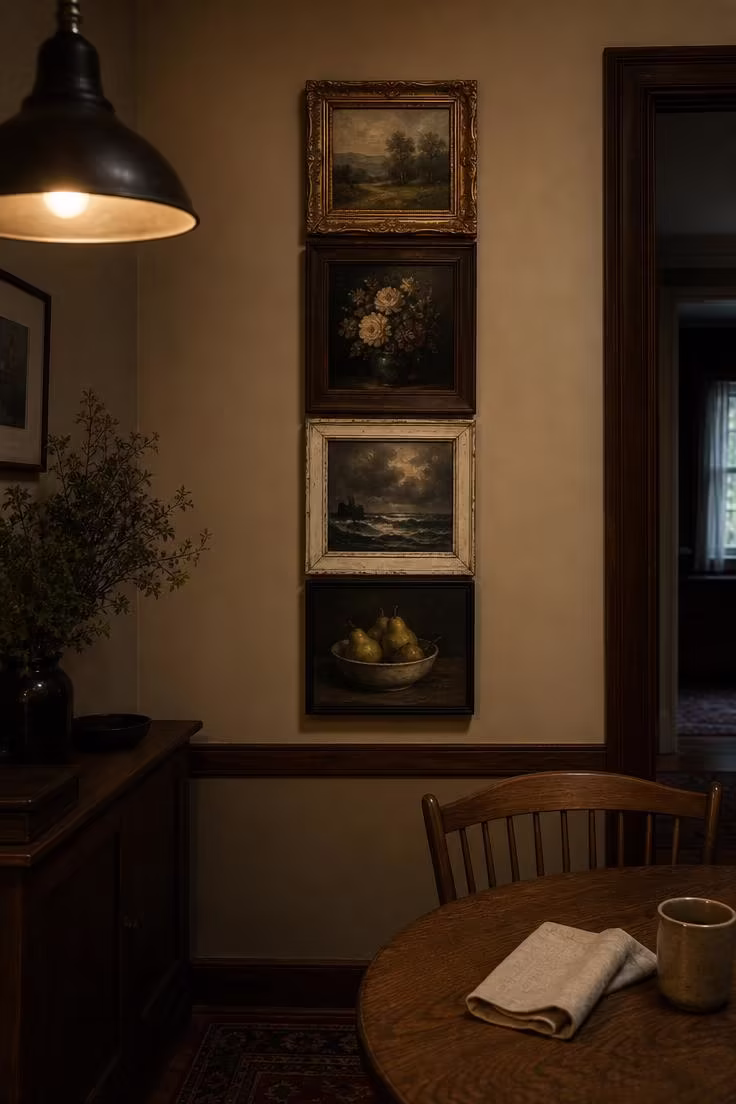 11 Gorgeous Simple Wall Decor Ideas for a Cozy Space 8 Four mismatched vintage oil paintings arranged in a tight vertical column on a warm beige dining room wall with warm pendant light highlighting the gilded frames.