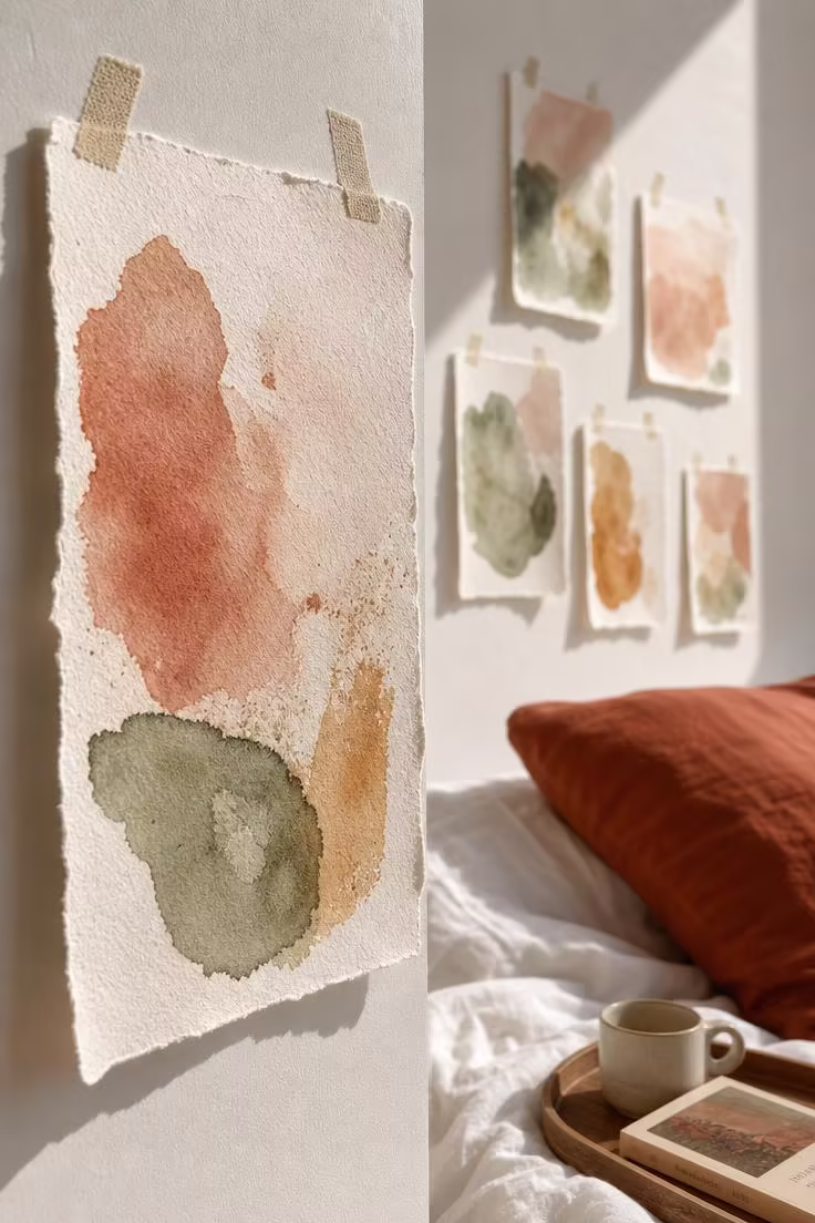 11 Gorgeous Simple Wall Decor Ideas for a Cozy Space 9 Six hand-torn watercolor abstract pieces in earthy tones taped to a white bedroom wall with linen washi tape, with a close-up showing brush texture and torn edges.