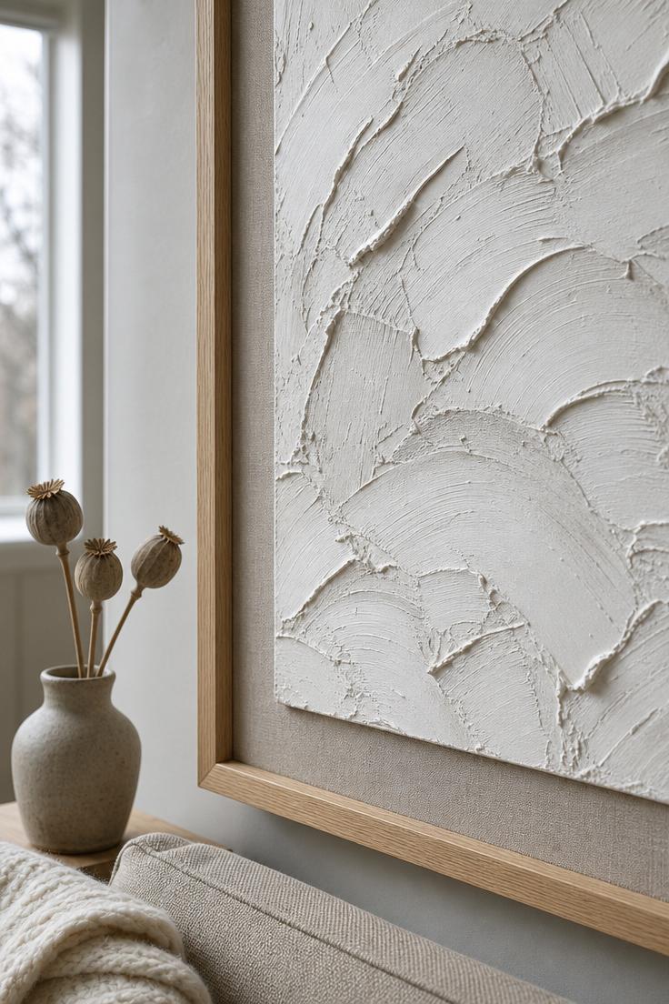 11 Gorgeous Simple Wall Decor Ideas for a Cozy Space 10 A plaster-textured canvas with sweeping brushstrokes in a raw linen mat and oak frame on a cool white wall, with close-up detail of the ridged surface in overcast light.