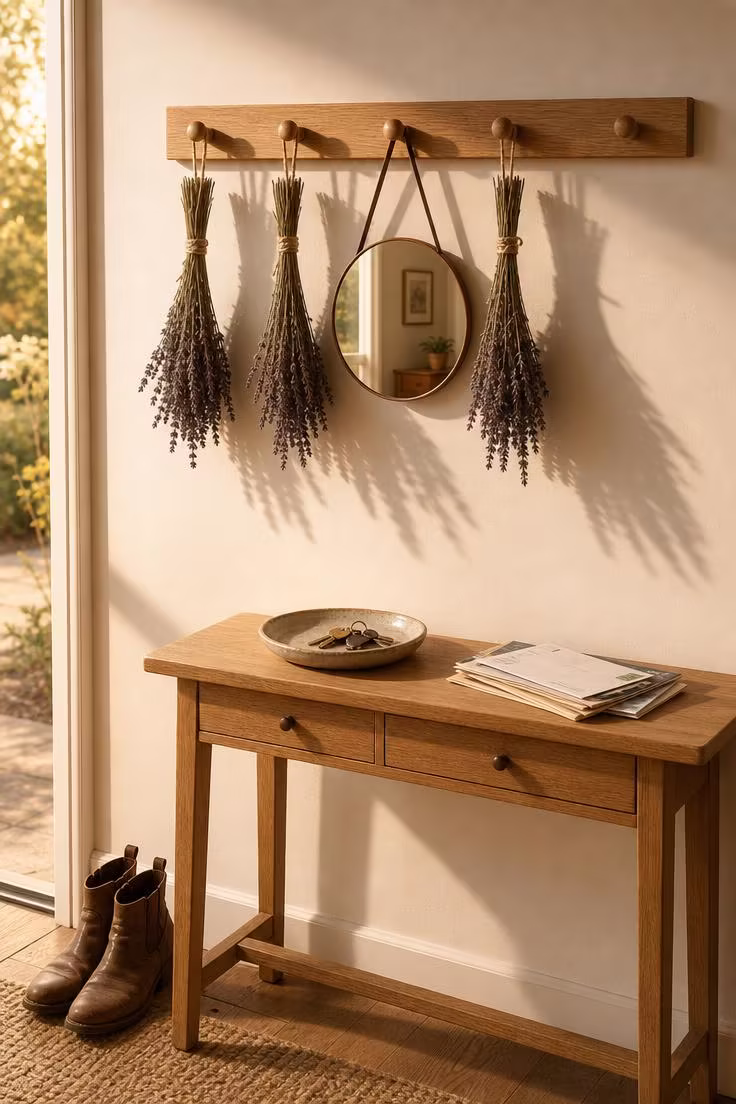 11 Gorgeous Simple Wall Decor Ideas for a Cozy Space 11 An oak peg rail with dried lavender bundles and a small leather-strap round mirror on a warm white entryway wall with golden afternoon light casting long lavender shadows.
