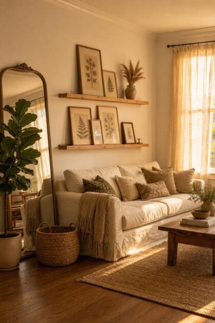 11 Gorgeous Simple Wall Decor Ideas for a Cozy Space A cozy living room corner with pine picture ledges holding botanical prints, a leaning brass mirror, and warm golden light streaming through sheer curtains over a cream linen sofa.