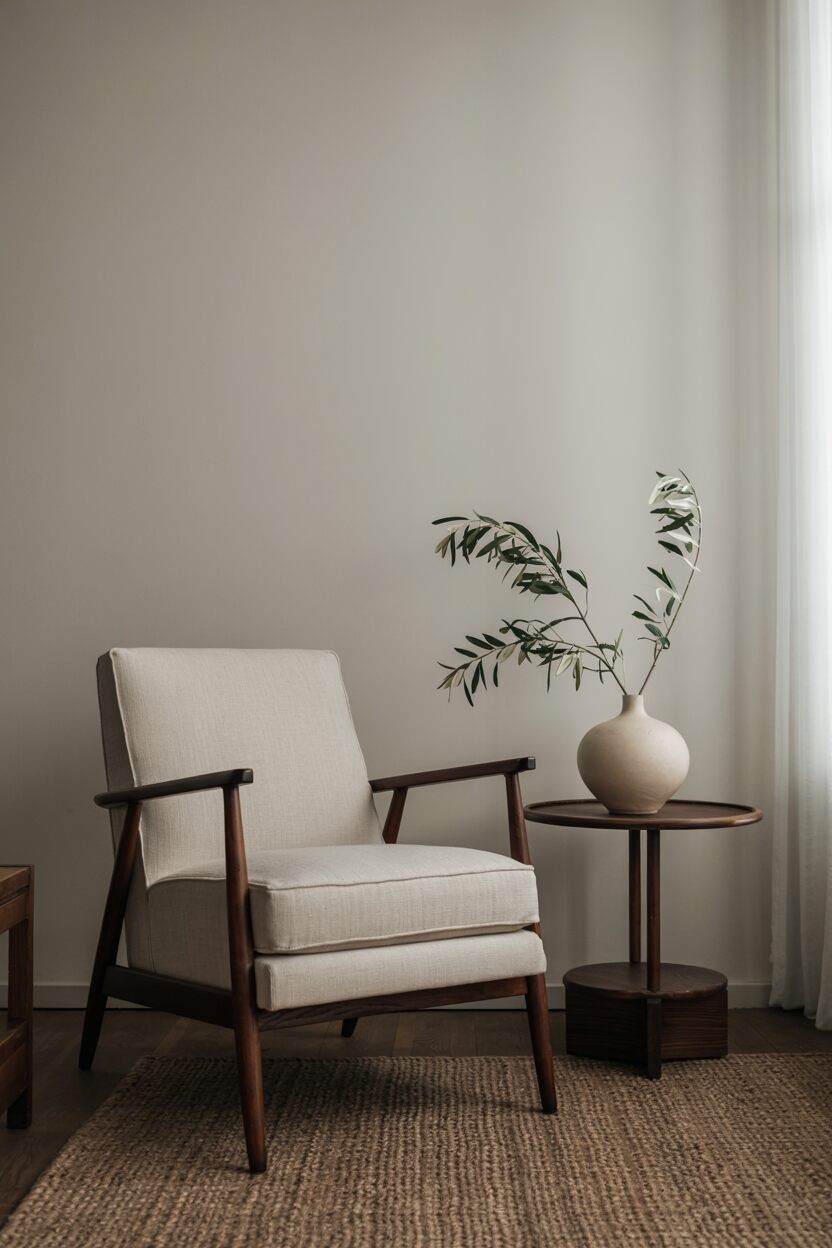 How to Simplify Your Life: A Path to Peace and Wellbeing 1 A minimalist living space showing carefully selected, high-quality items—a well-crafted furniture piece, a few meaningful decorative objects, and a small collection of beautiful everyday items—each one appearing purposeful and valued, with plenty of open space creating a sense of calm and intentionality.