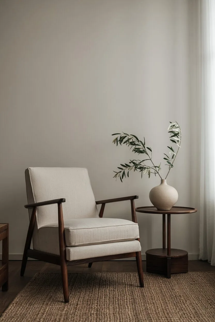 A minimalist living space showing carefully selected, high-quality items—a well-crafted furniture piece, a few meaningful decorative objects, and a small collection of beautiful everyday items—each one appearing purposeful and valued, with plenty of open space creating a sense of calm and intentionality.