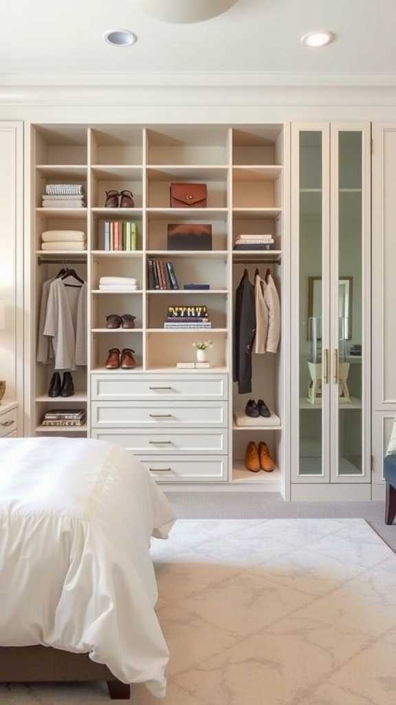 A sleek built-in storage solution in an elegant bedroom featuring open shelves and closed cabinets.