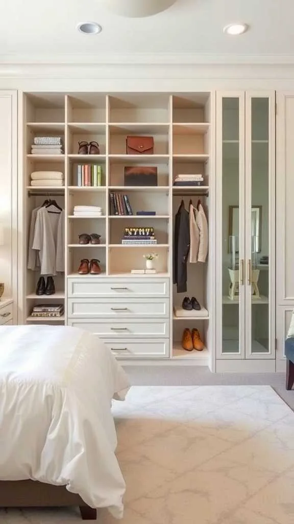 21 Elegant Bedroom Ideas for a Sophisticated Luxury Feel 21 A sleek built-in storage solution in an elegant bedroom featuring open shelves and closed cabinets.