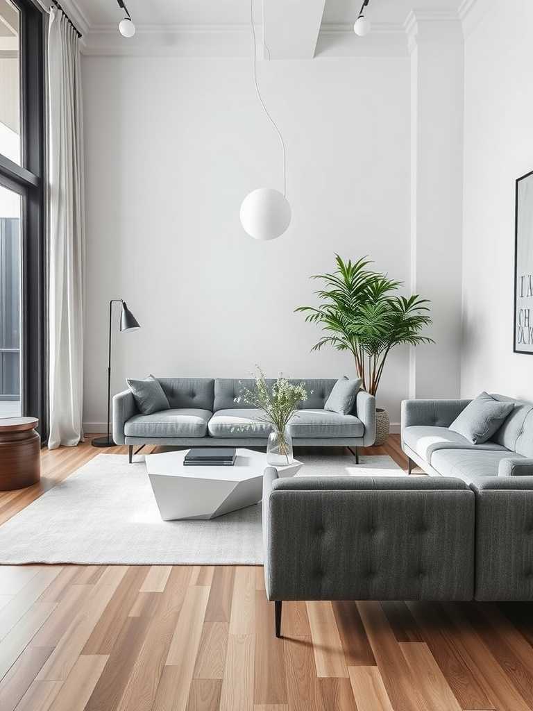 A sleek and modern minimalist living room featuring gray sofas, a geometric coffee table, and a plant, all set against a bright, airy backdrop.