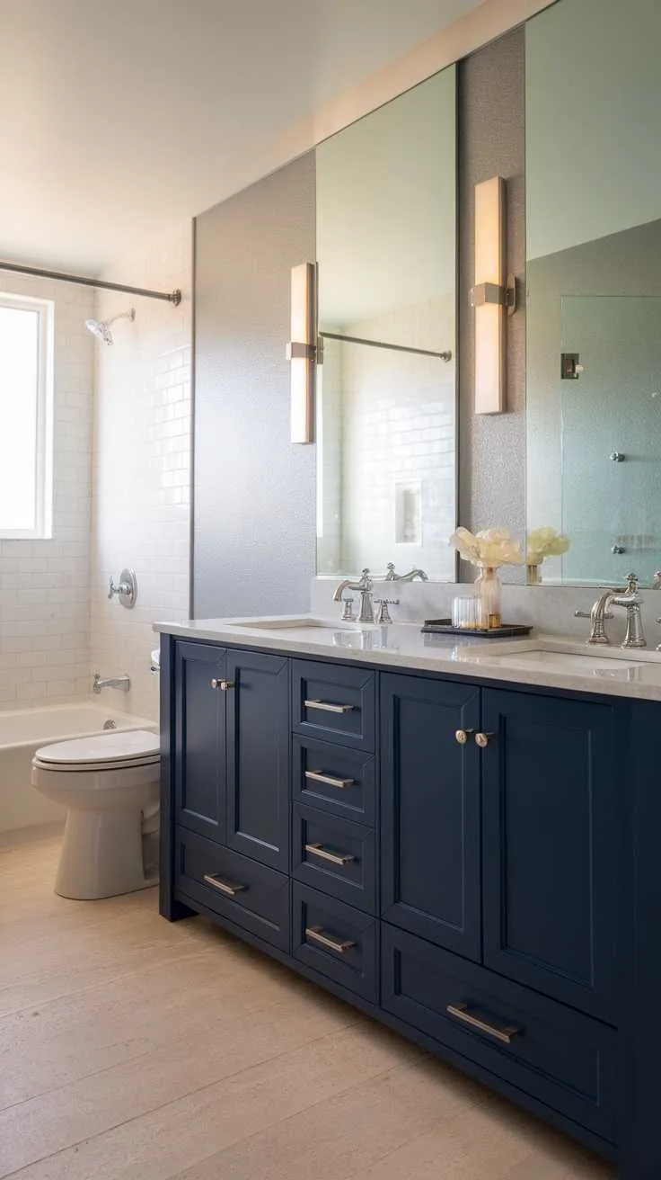 A modern navy blue bathroom vanity with a dual sink and elegant fixtures.