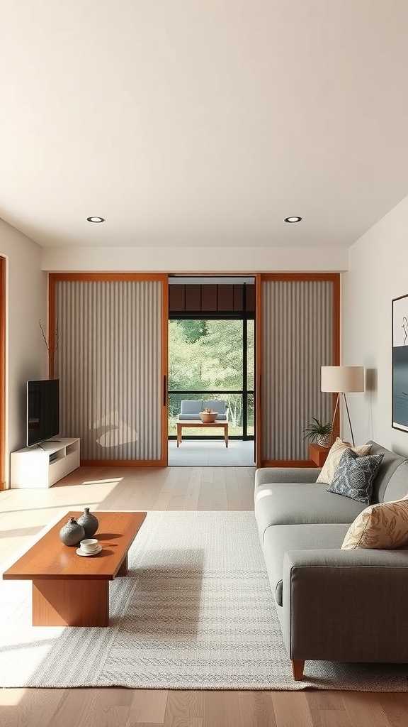 A cozy Japandi style living room featuring sliding doors that enhance space efficiency.