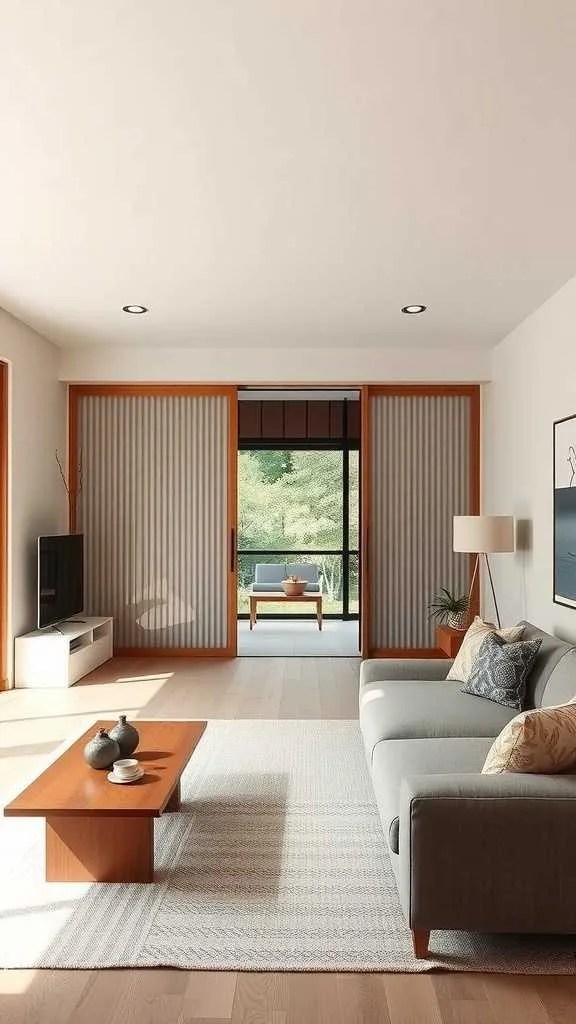 21 Japandi Living Room Design Ideas for a Cozy, Stylish Home 8 A cozy Japandi style living room featuring sliding doors that enhance space efficiency.