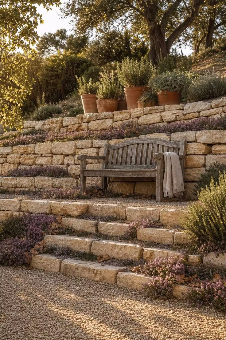 Three stacked limestone terraces on a sloped backyard with creeping thyme growing between stone treads and warm golden afternoon light