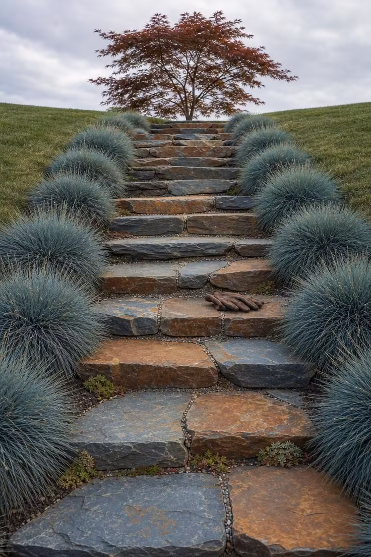 Dry-laid flagstone staircase going up a grassy slope flanked by mounds of dwarf blue fescue under soft diffused light