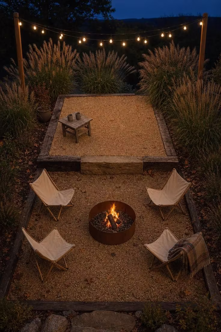 Overhead view of a split-level pea gravel patio on a slope with a corten steel fire ring glowing at dusk