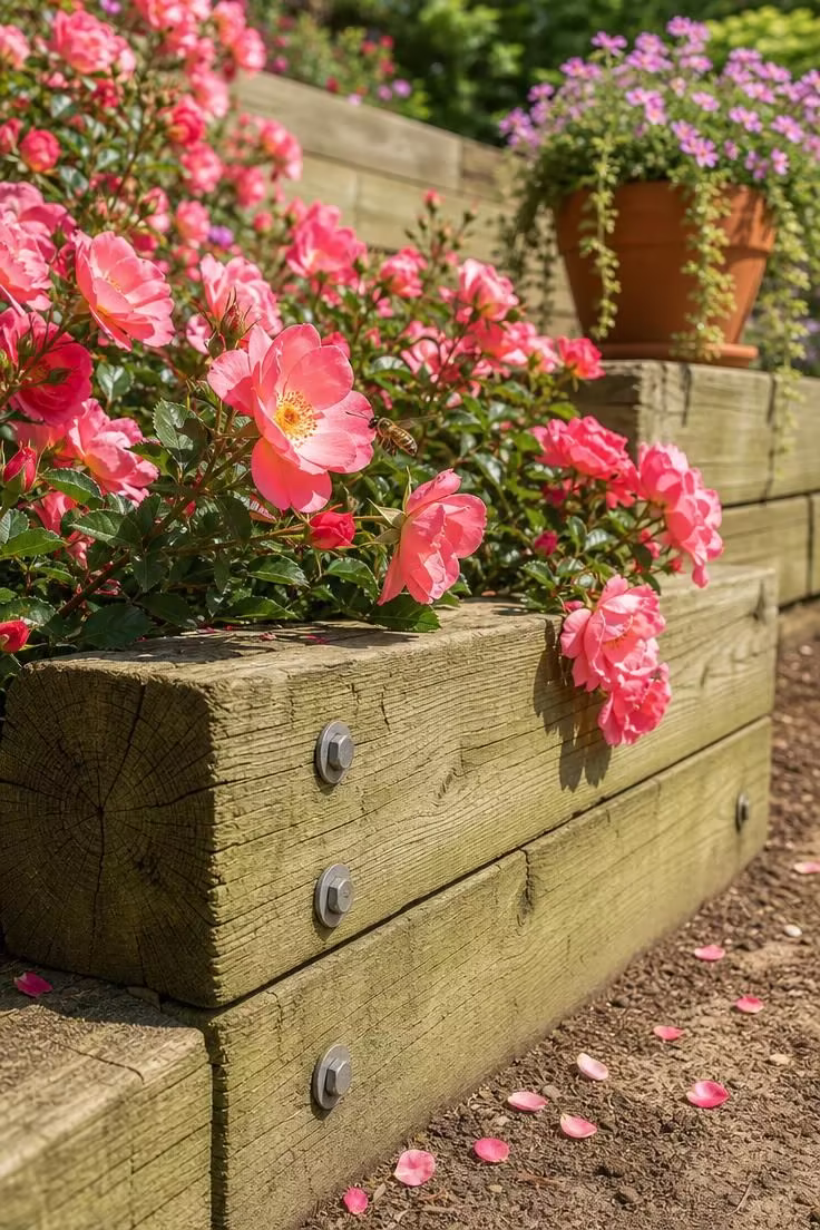 Close-up of pink Knockout roses spilling over a pressure-treated timber retaining wall in bright midday sunlight